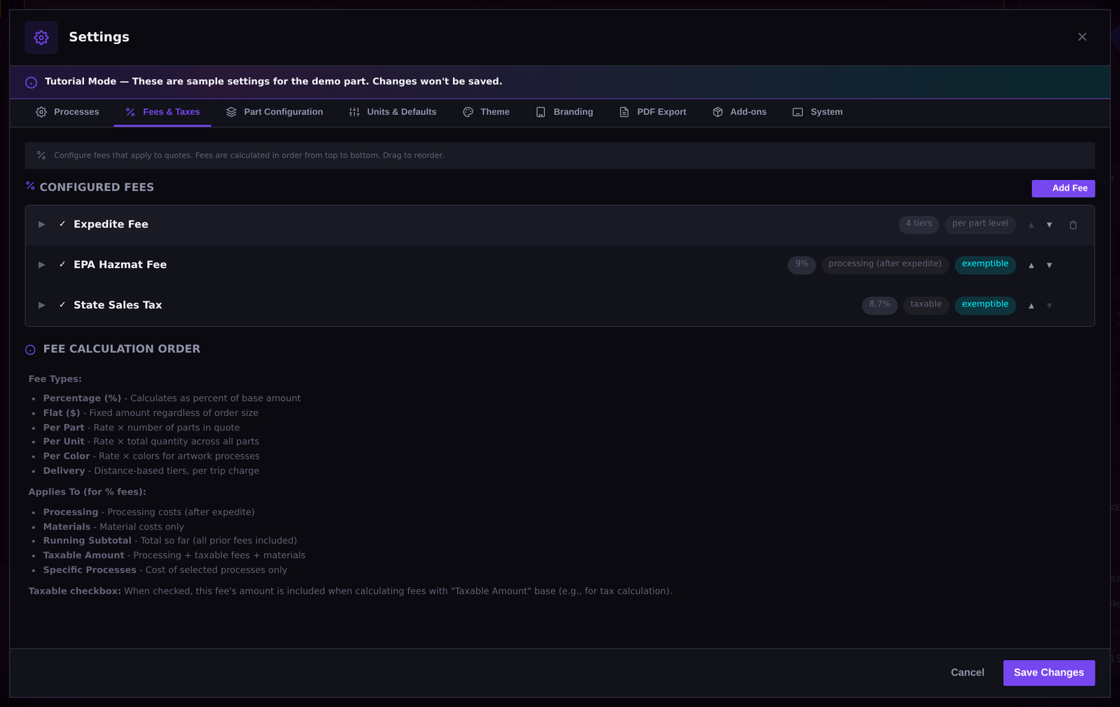MFC fee settings: configured Expedite Fee, EPA Hazmat Fee at 9% of processing and materials, and State Sales Tax at 8.7%, with the fee calculation order reference