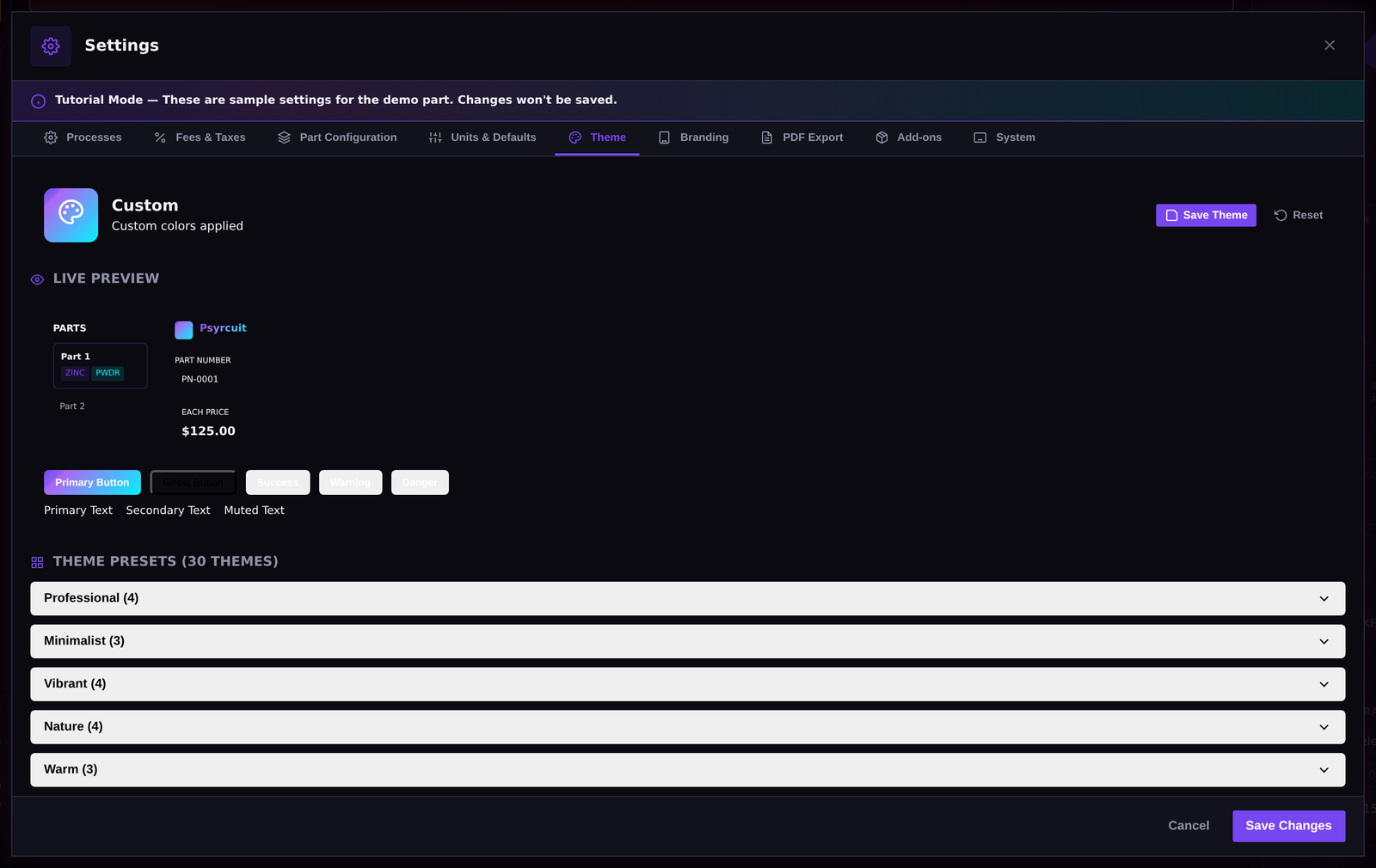 MFC theme settings with live preview and 30 theme presets grouped into Professional, Minimalist, Vibrant, Nature, and Warm collections