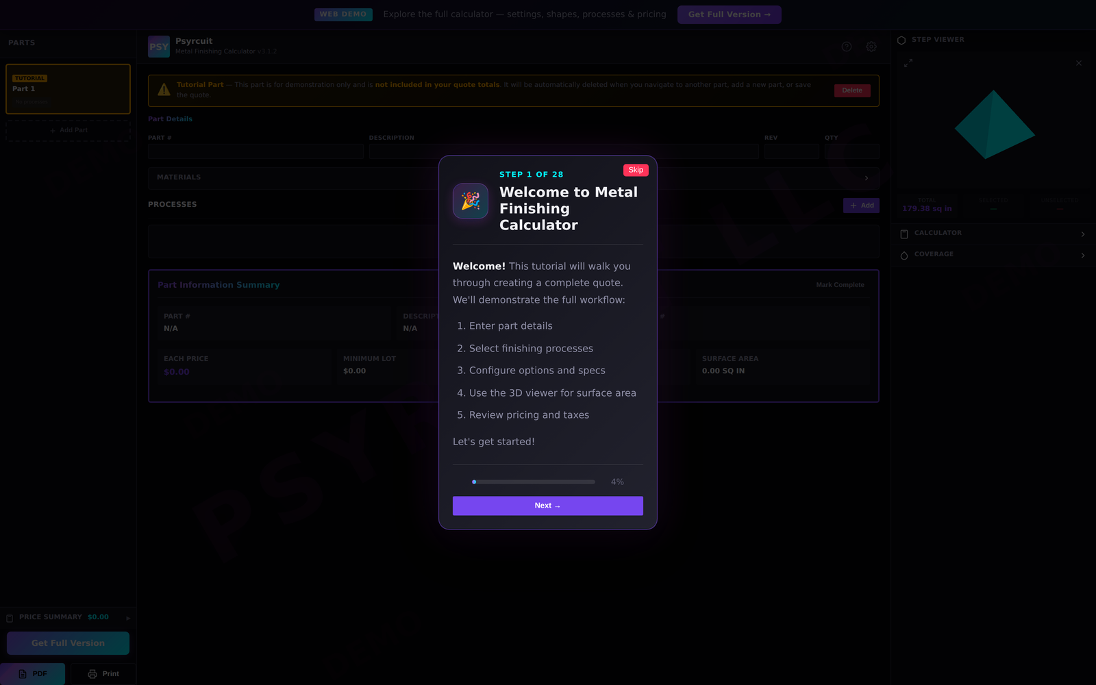 MFC guided tutorial: step 1 of 28 welcome dialog over the live calculator with demo data loaded